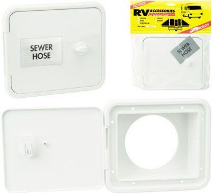 Polar White RV Sewer Hose / Storage Hatch with Thumb Lock